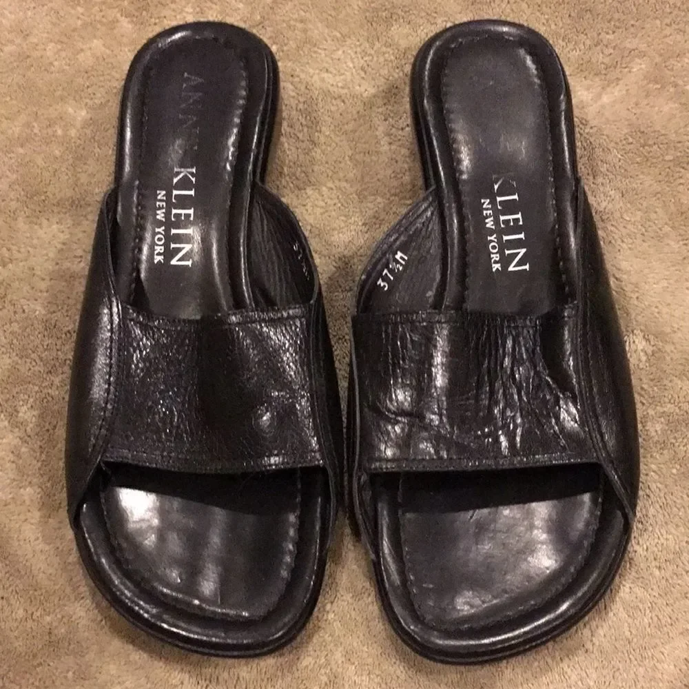 Anne Klein’s Black Leather Slip On Sandals